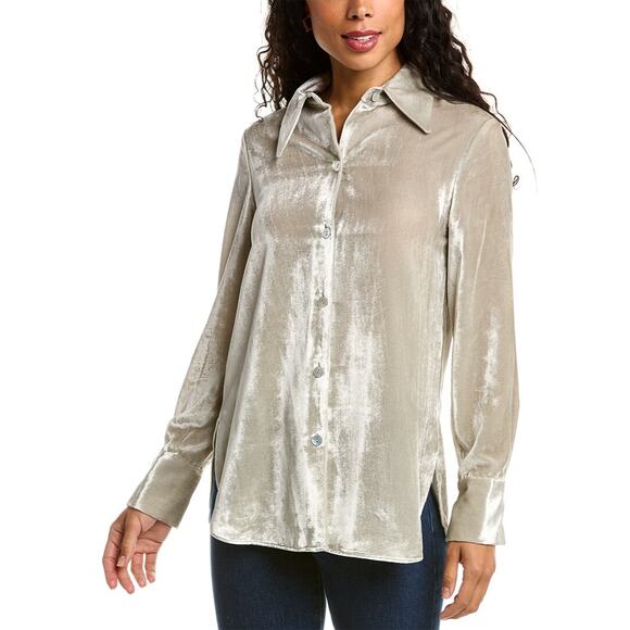 Vince Top Womens Medium Gray Velvet Silk Button Up Front Quiet Luxury Preppy - Picture 1 of 14